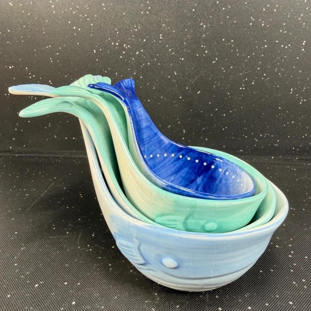 Anthropologie Whale Ceramic Measuring Cup Set Blue Teal 4 Piece Nesting Set